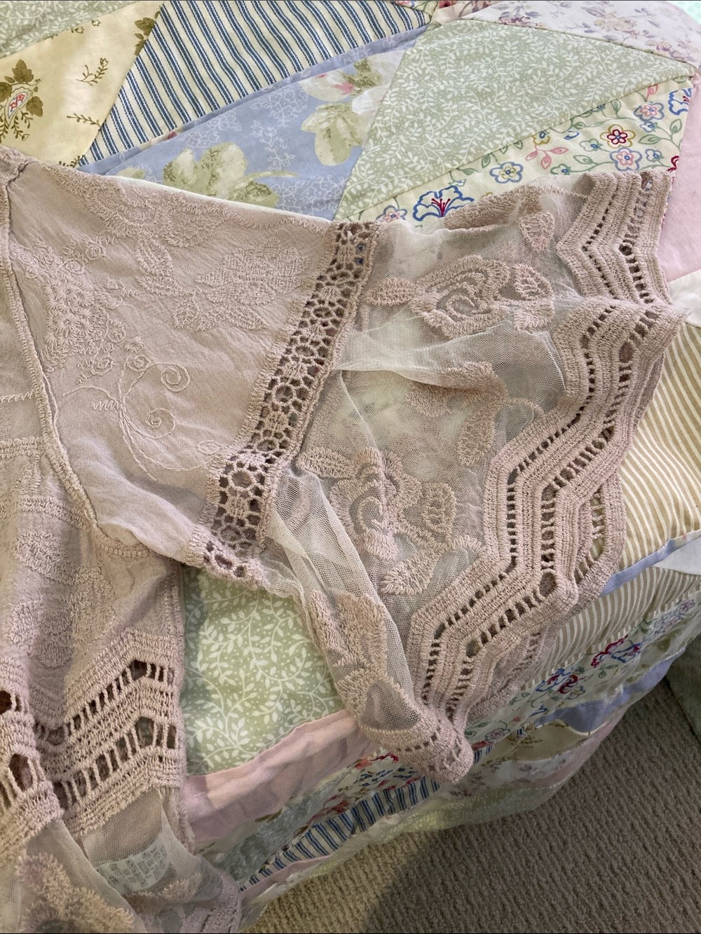 Rebellion Mocha tan Embroidered Crochet-Trim Blouse - Picture 4 of 7